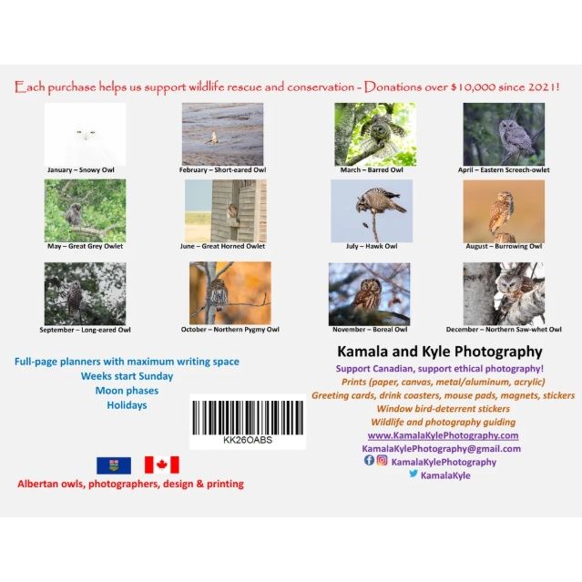Owls of Canada Calendar 2026 by Kamala and Kyle Photography